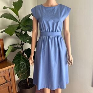 Vintage 70s Lanz Originals Cornflower Blue Tie Back Midi Dress